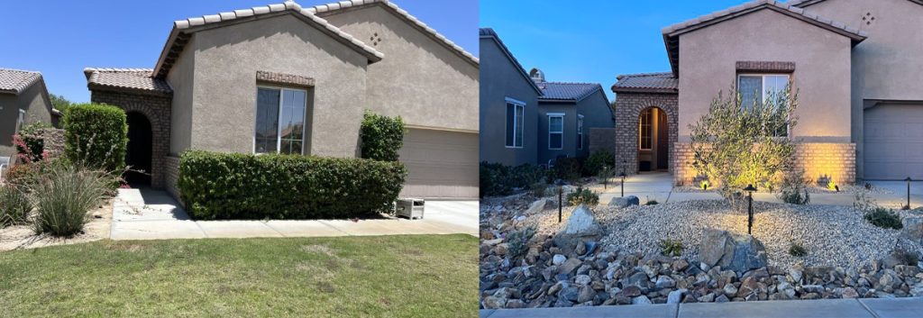 Before and after front yard desert landscape remodel in the Coachella Valley