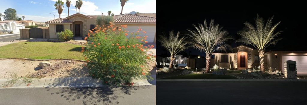 Before and after desert front yard remodel with palm tree and architectural landscape lighting