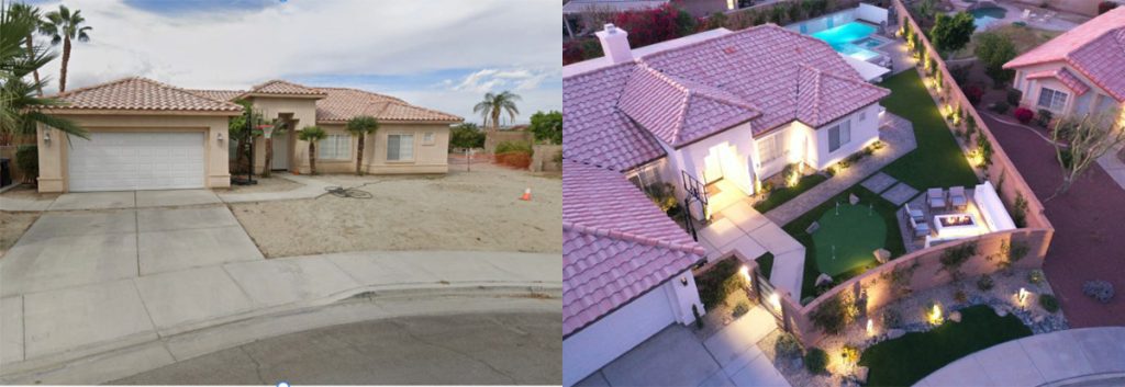 Before and after complete Coachella Valley landscape remodel with turf, hardscape and lighting